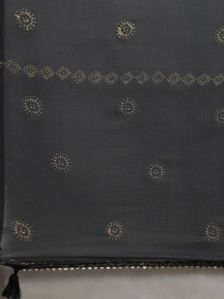 Yufta Women Beige & Charcoal Grey Ethnic Motifs Embroidered Kurta with Trouser & Dupatta | Grocsy