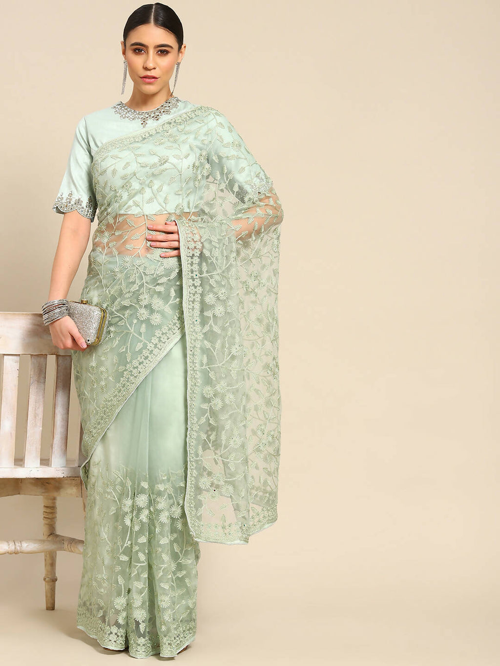 Green Woven Design Net Saree with Blouse Piece - Kalamkari | Grocsy