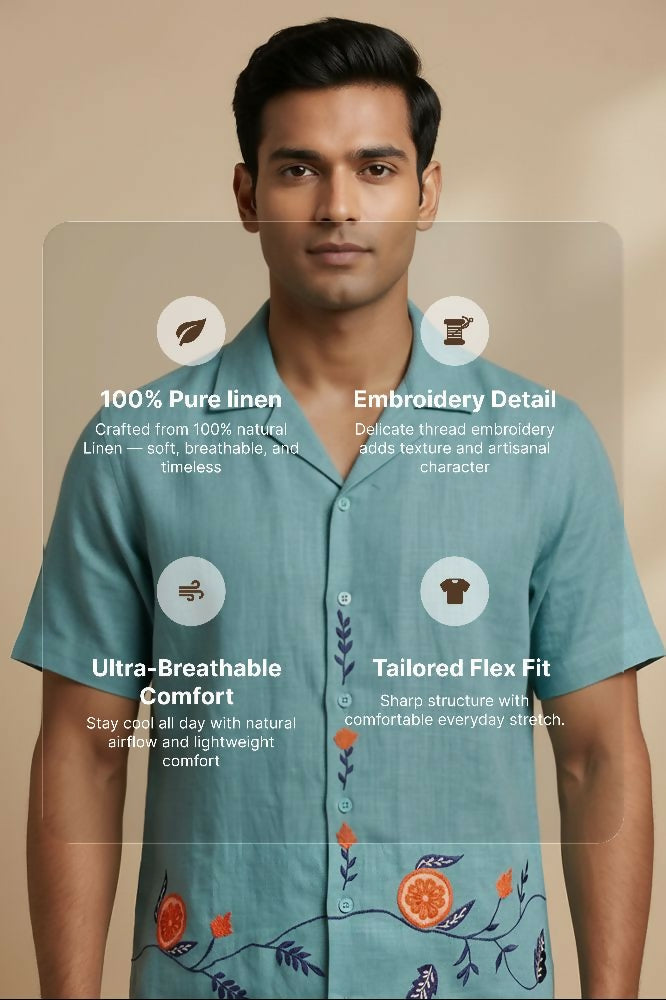 Coastline — Sea Green Embroidered Linen Shirt by Hilo Design | Grocsy