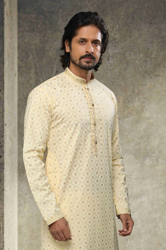Raivat Ethnic Cotton Printed Work Kurta Pajama In Yellow Colour | Grocsy
