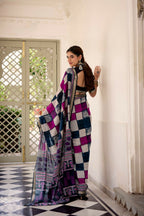 Vastranavya Navy Blue Viscose Chanderi Printed with Temple Border Saree & Unstitched Blouse | Grocsy