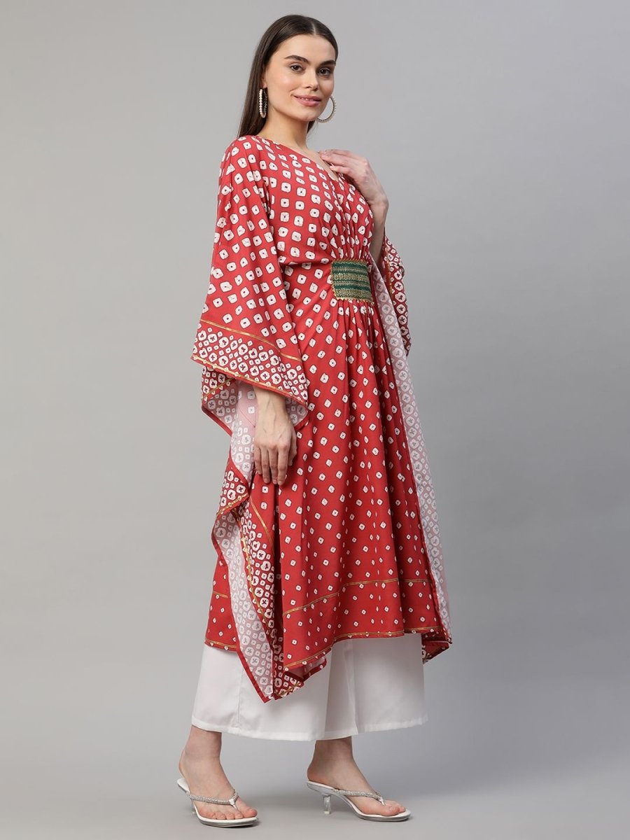 Ahalyaa Women Maroon Crepe Digital Printed Flared Sleeve Kaftan Kurta | Grocsy