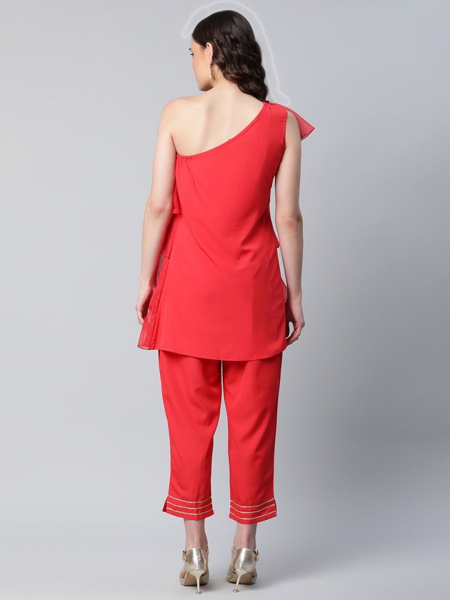Ahalyaa Red Printed Layered Top with Trousers | Grocsy