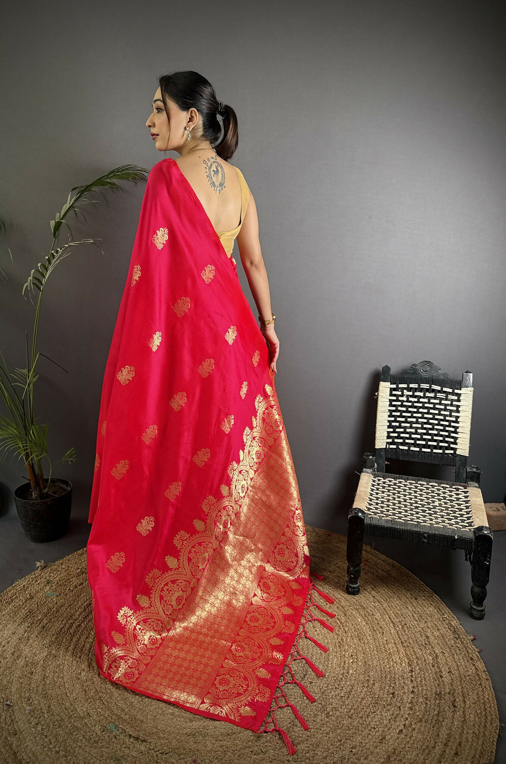 Joban Fashion Red Banarasi Lichi Silk Gold Zari Meena Saree | Grocsy