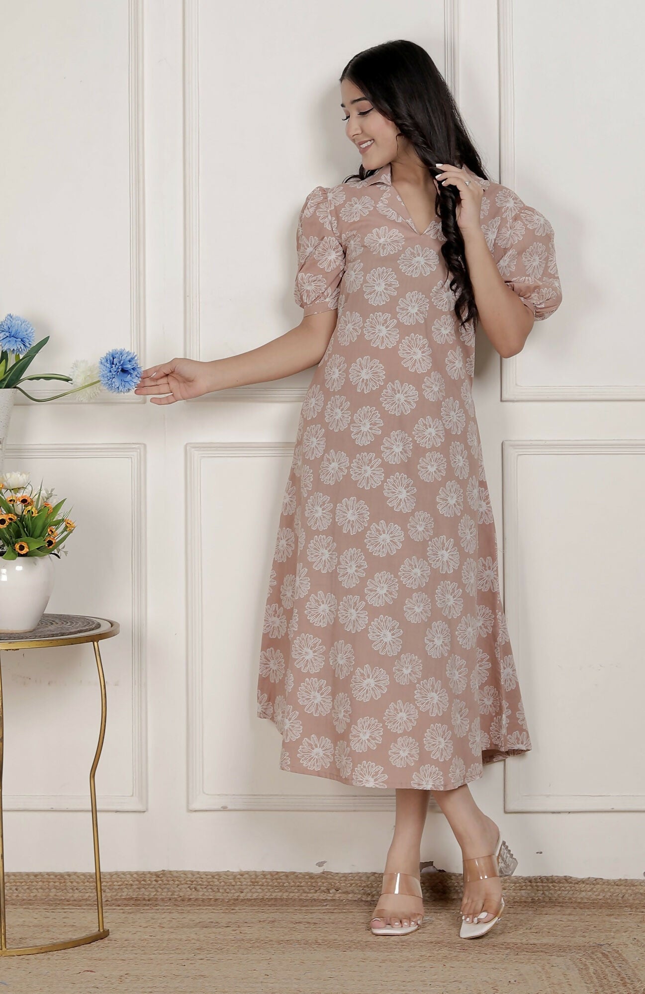 Miravan Womens Puff Sleeve Cheeku Pure Cotton Printed Maxi Dress | Grocsy