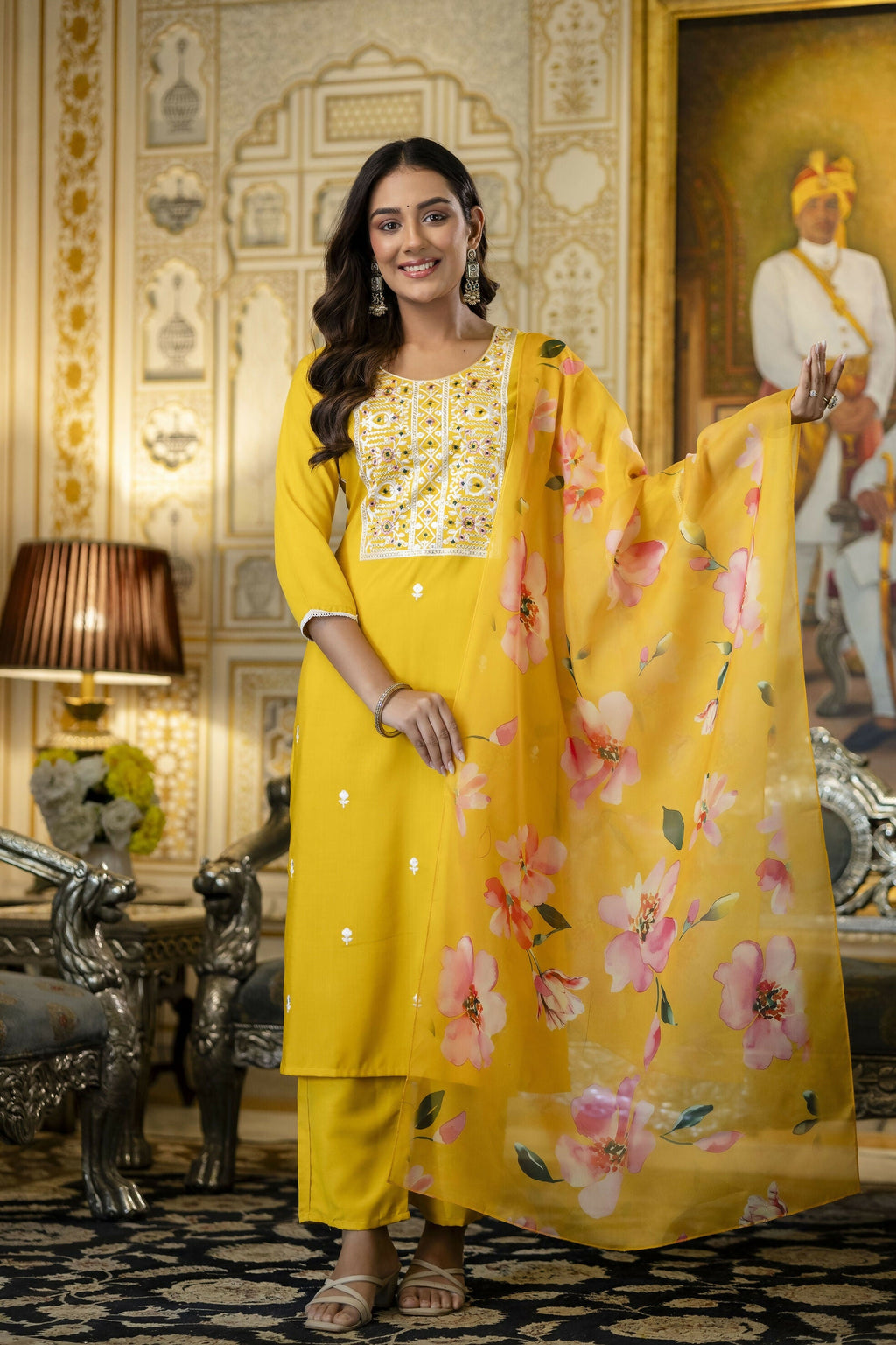 The52 Women's Beautiful Embroidery Work Viscose Rayon Fabric Straight Kurta Pant and Dupatta Set | Grocsy