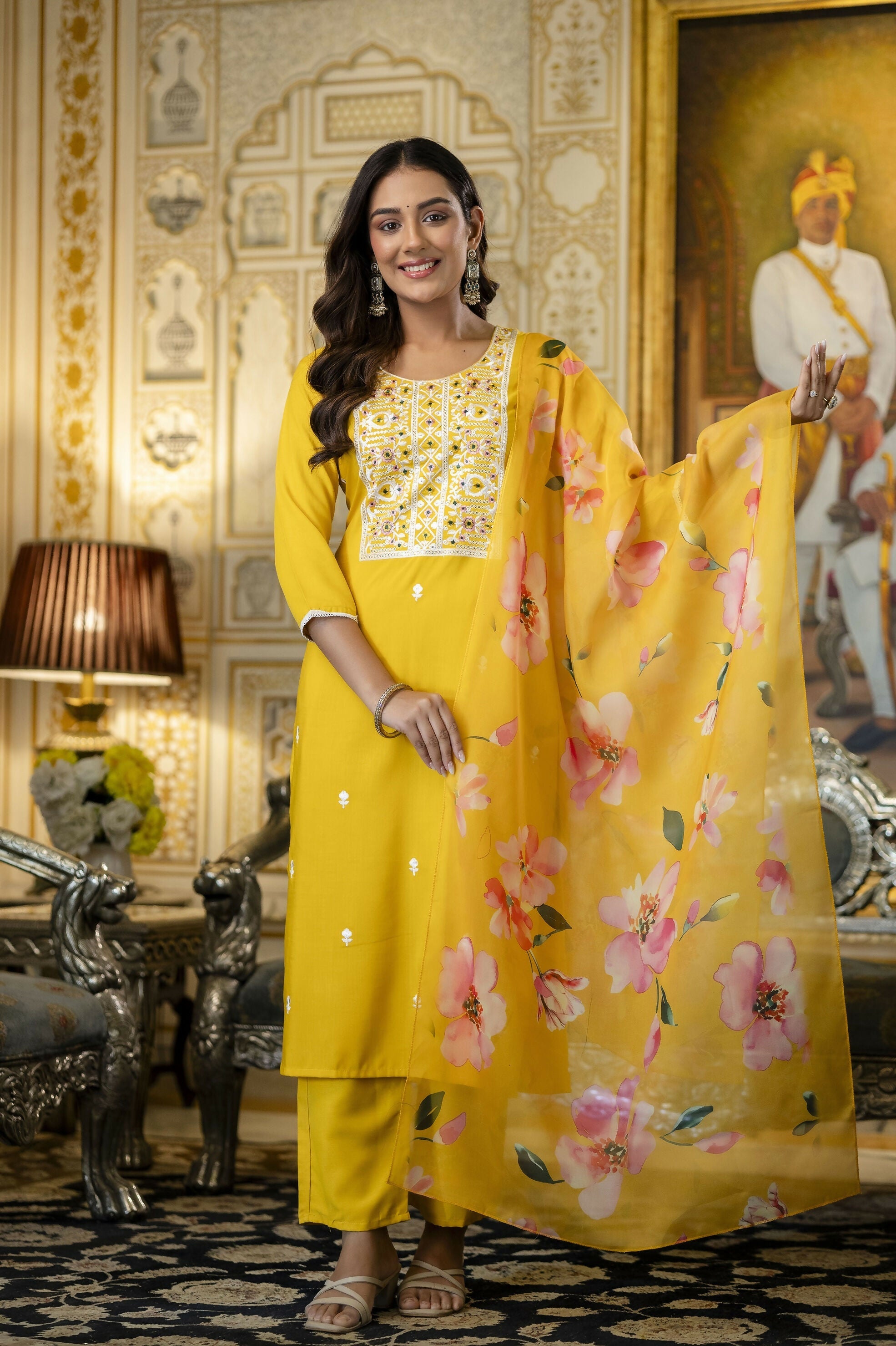 The52 Women's Beautiful Embroidery Work Viscose Rayon Fabric Straight Kurta Pant and Dupatta Set | Grocsy