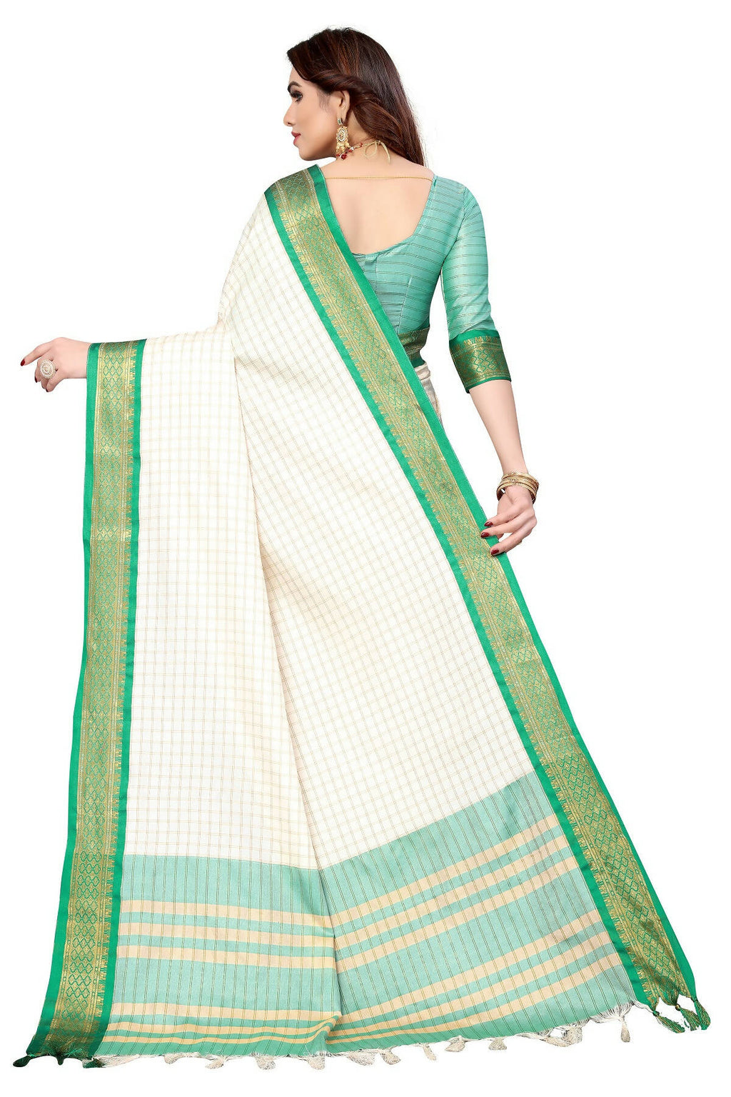 Vamika Weaving White Cotton Silk Saree (DEVAL GREEN) | Grocsy