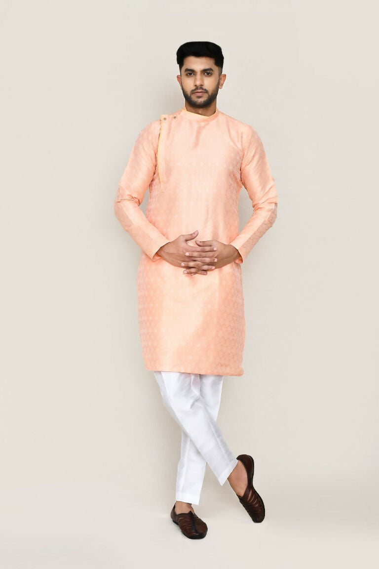 Joban Fashion Peach Colored Jacquard Silk Fabric Kurta With Straight Fit Pant | Grocsy