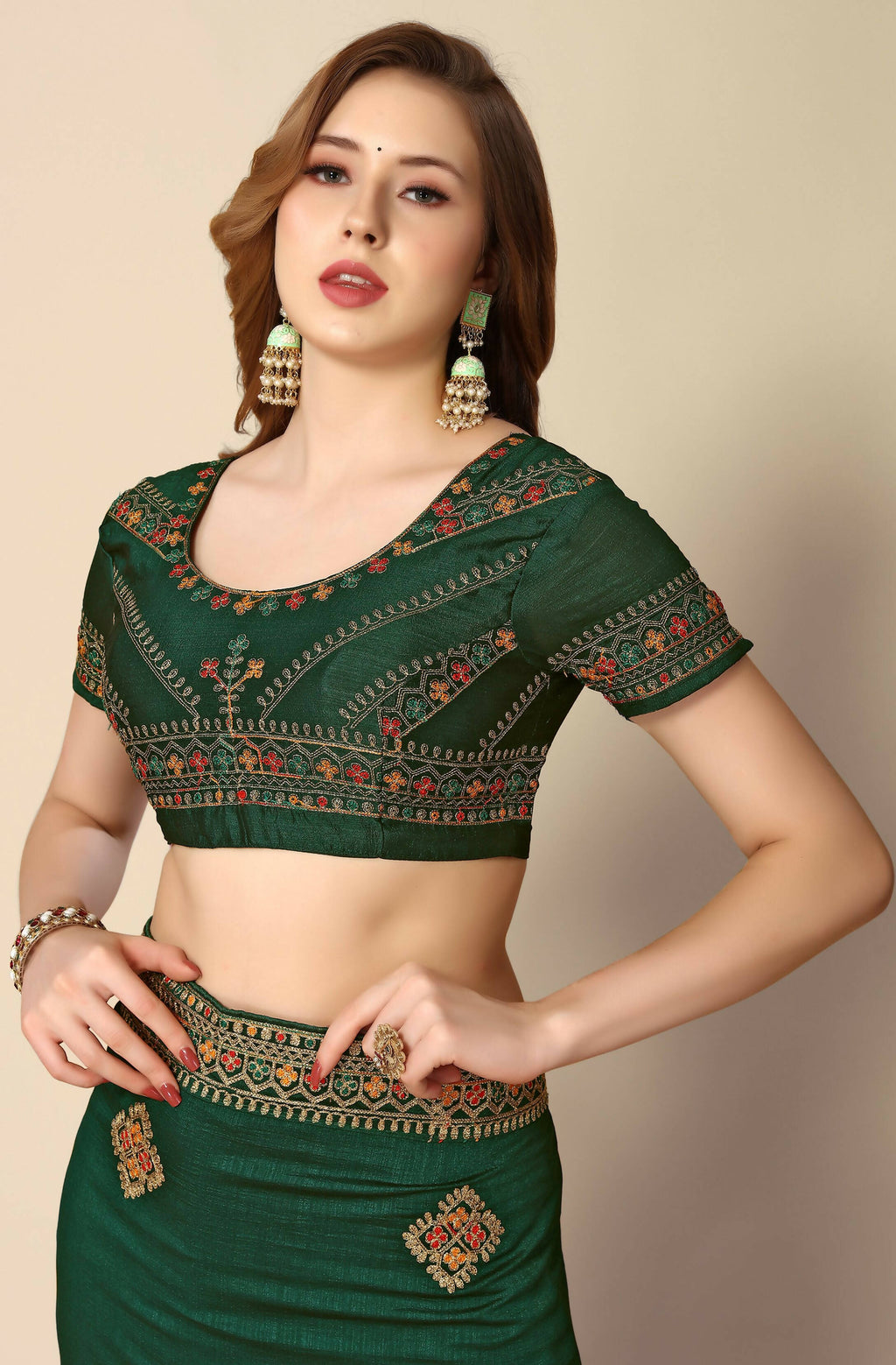 Green Chinon Embroidered Saree with Unstitched Blouse Piece - Roozal | Grocsy