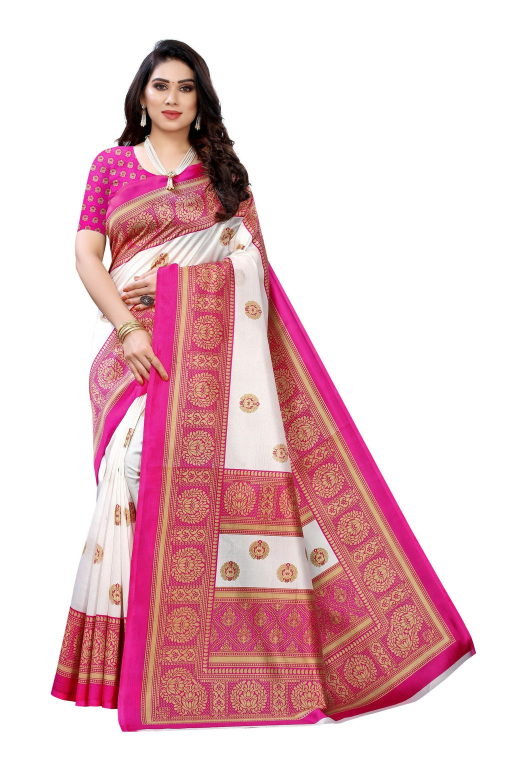 Vamika Pink Printed Art Silk Saree | Grocsy