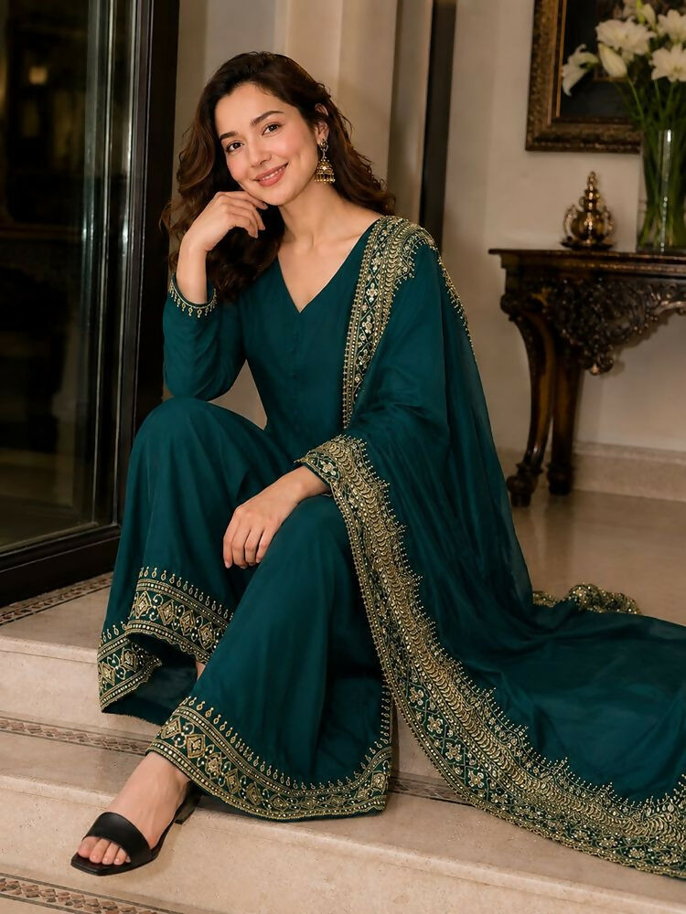 Teeya Creation New Latest Stylish Classic Rama Festive Kurta Set with Gold Zari Border Palazzo and Dupatta | Grocsy