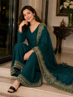 Teeya Creation New Latest Stylish Classic Rama Festive Kurta Set with Gold Zari Border Palazzo and Dupatta | Grocsy