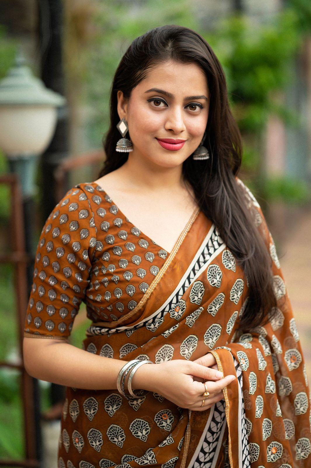 Mustard Poly Georgette Ajrak Saree with Unstitched Blouse - A2M | Grocsy