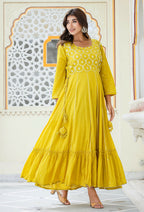 Kaajh Women's Yellow Embroidered Ethnic Gown | Grocsy