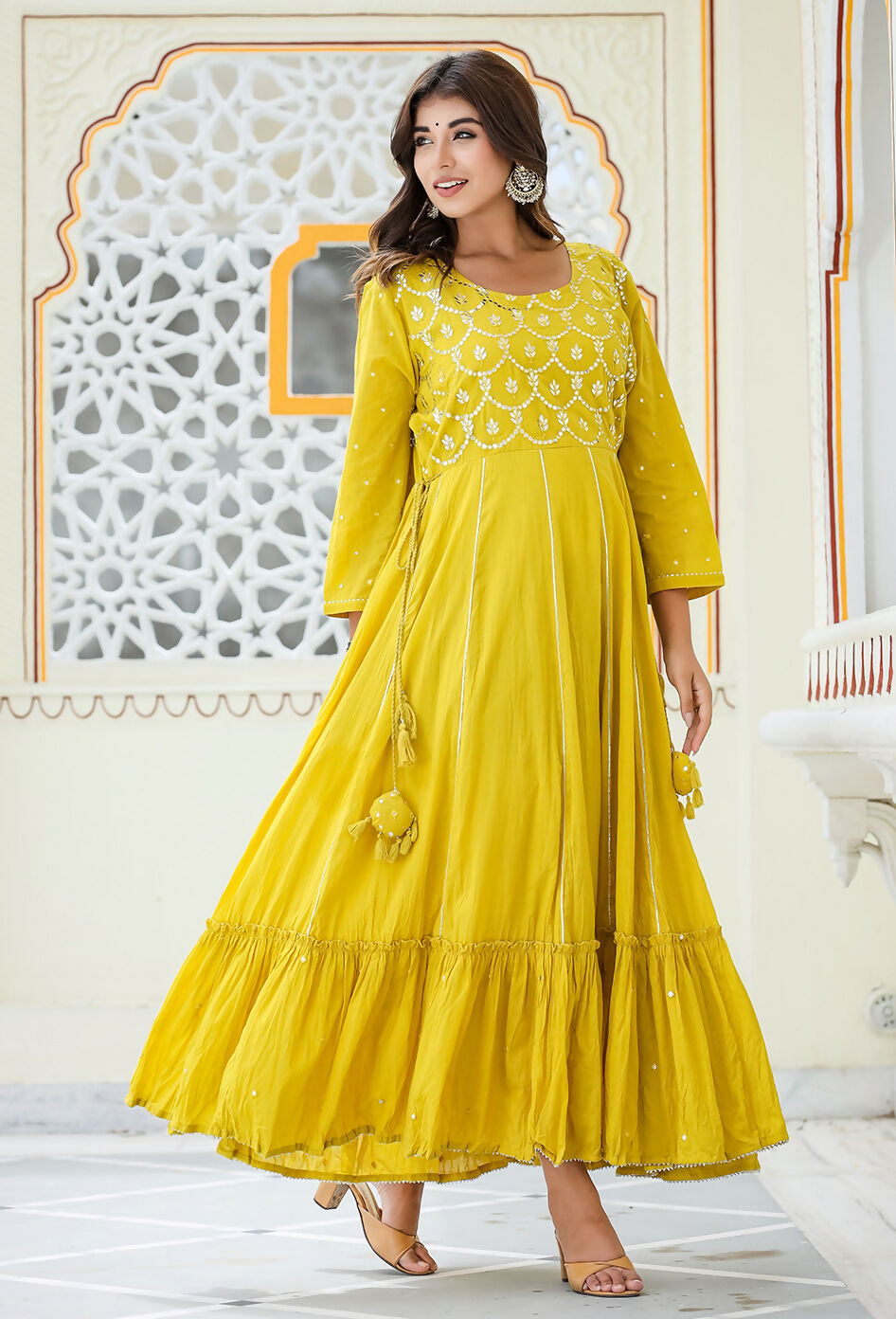 Kaajh Women's Yellow Embroidered Ethnic Gown | Grocsy