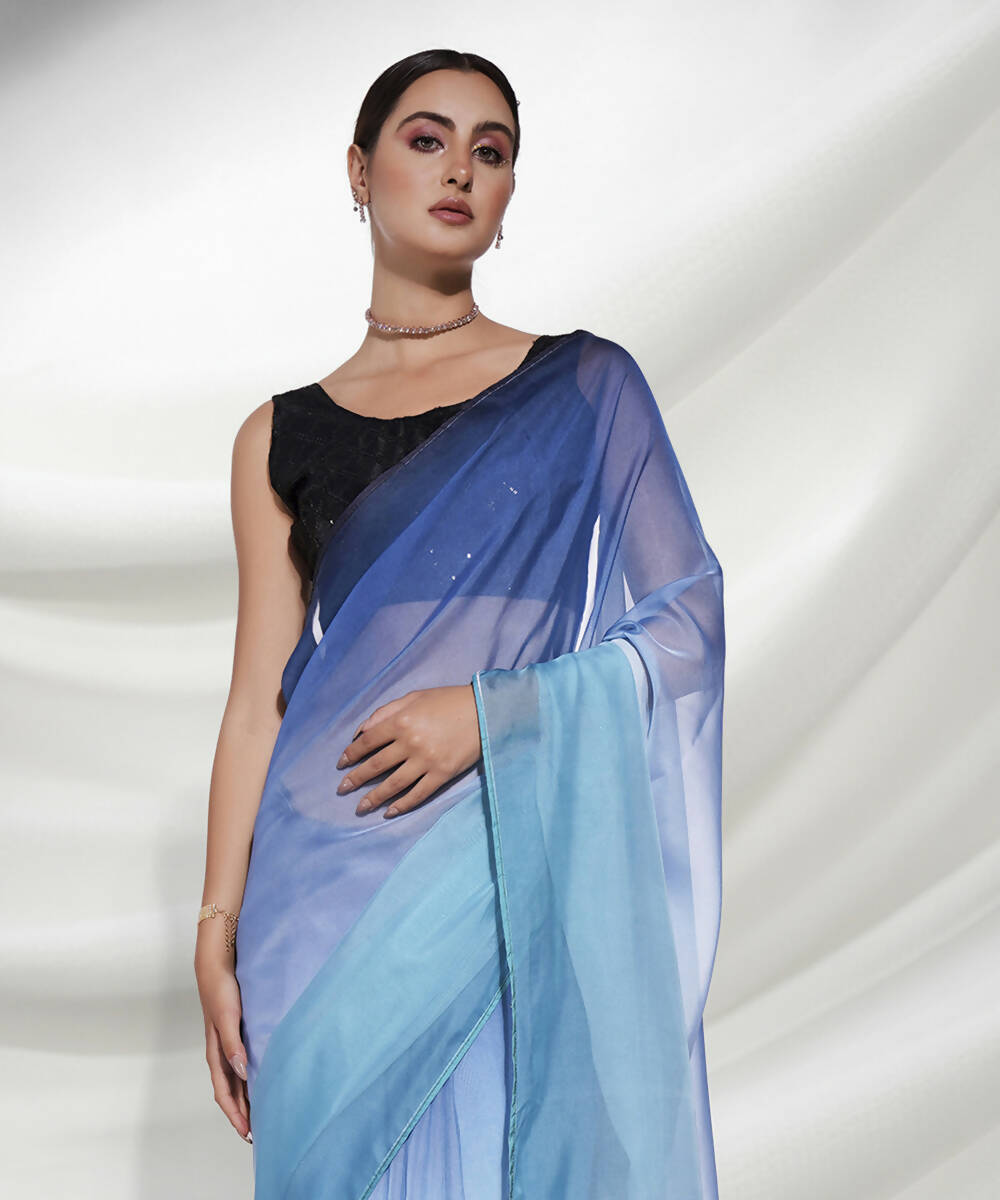 Blue Organza Solid Saree With Unstitched Blouse Piece - Shanaya | Grocsy