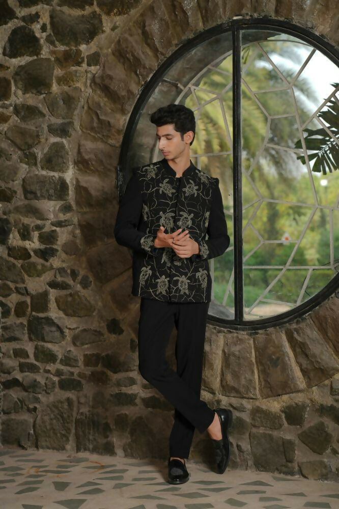 Classic Black Bandhgala Ensemble – Tortoise Embroidery by Hilo Design | Grocsy