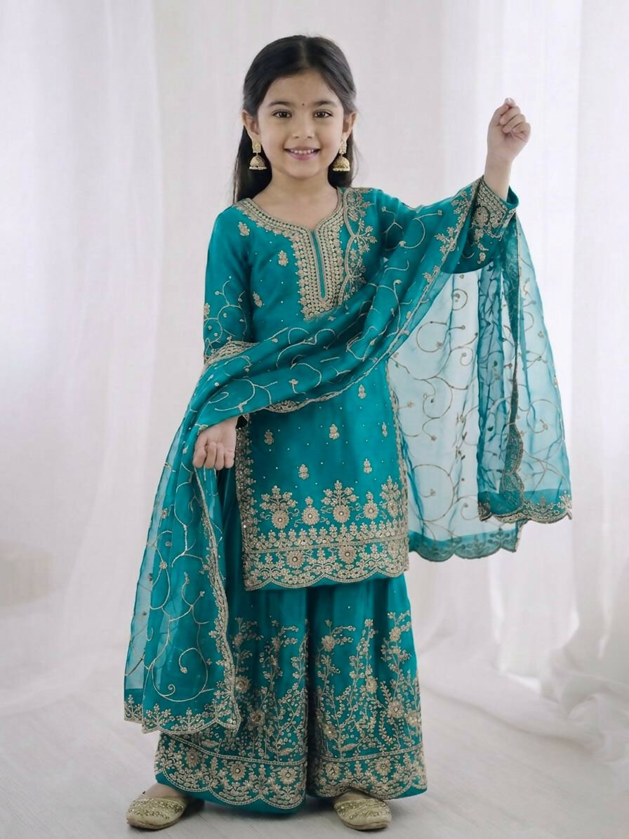 Teeya Creation Girls Heavy Embroidery Turquoise Ethnic Kurta And Palazzo Set With Net Dupatta | Grocsy