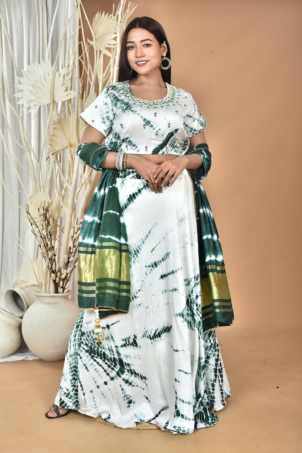 Morchari Women Tai Dai And Hand Embroidery Lehenga-Green | Grocsy