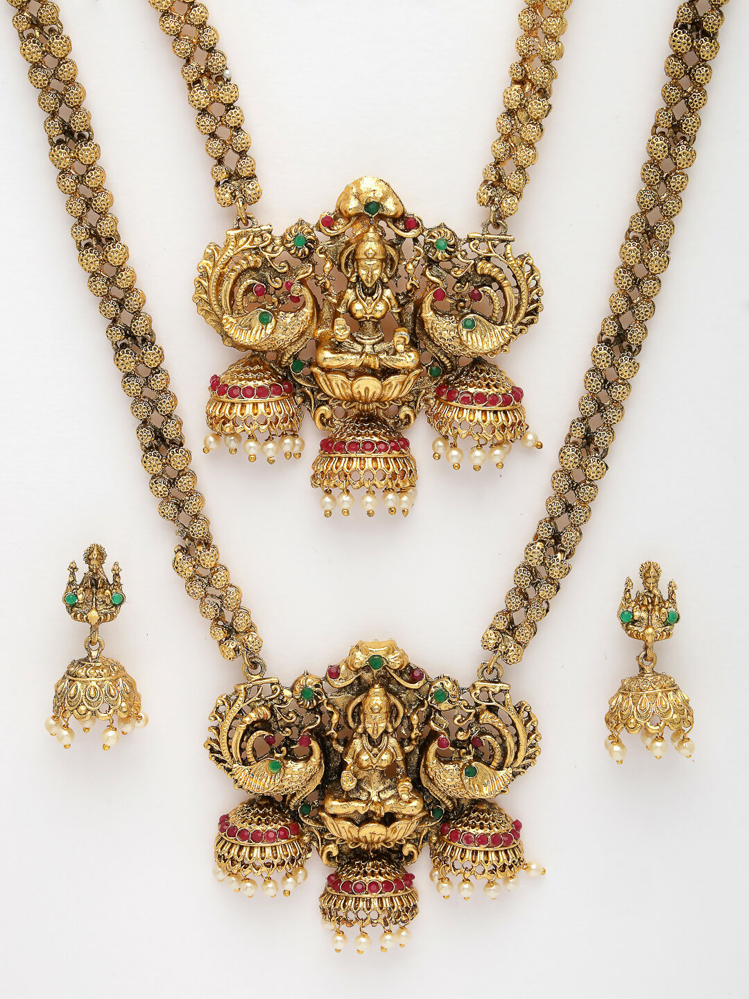 NVR Women's Set of 2 Gold-Polished Stone Studded Lakshmi Design Temple Jewellery Set | Grocsy