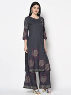 Aniyah Rayon Dark Grey Color Block Print Straight Kurta (AN-203K) | Grocsy