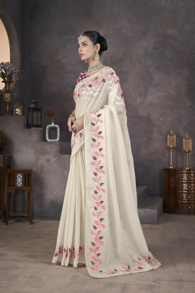 Vastranavya Off White Soft Crush Georgette Thread Embroidery work of Leaf Pattern with Patched Lace Border Saree | Grocsy