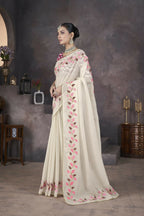 Vastranavya Off White Soft Crush Georgette Thread Embroidery work of Leaf Pattern with Patched Lace Border Saree | Grocsy