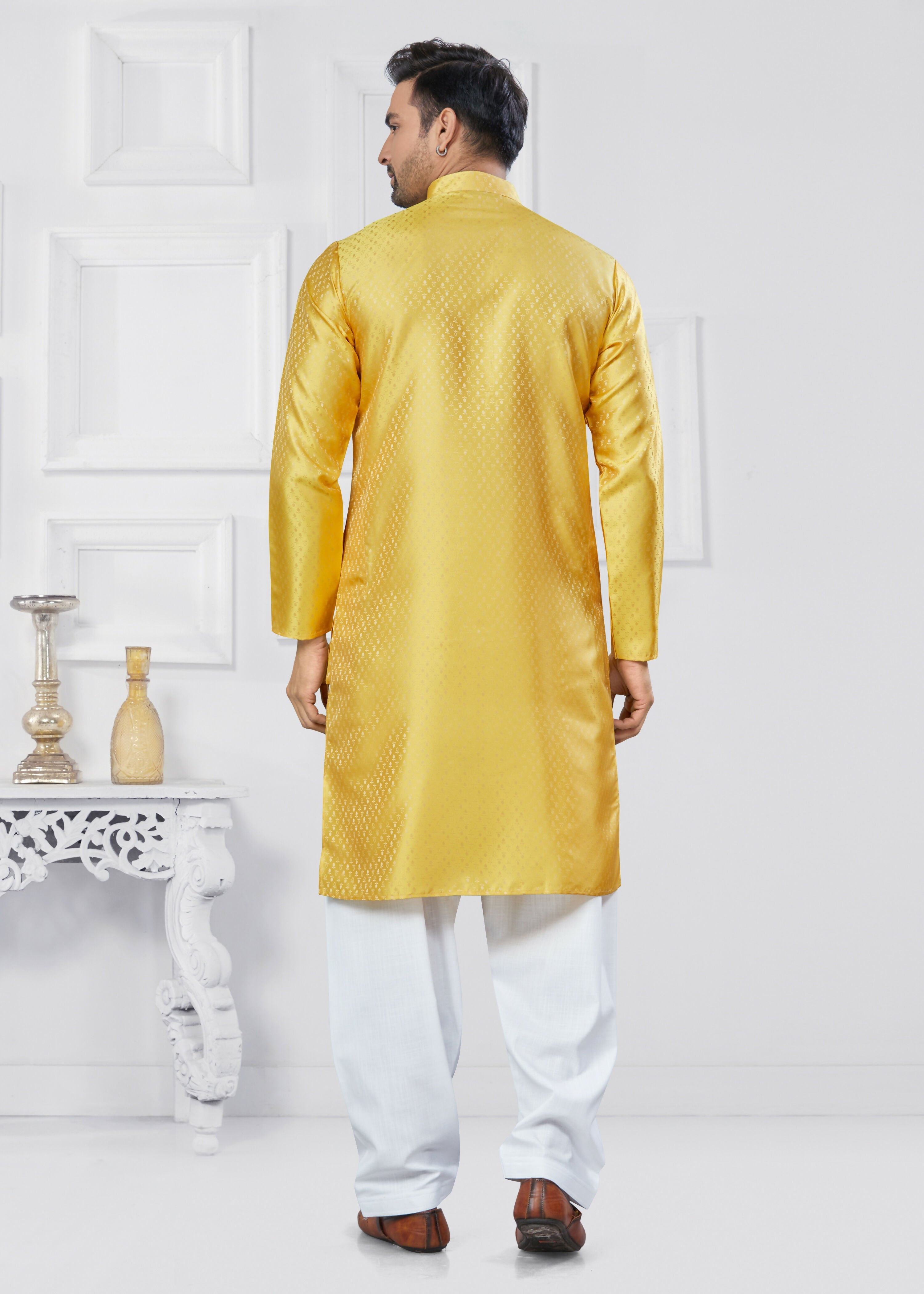 Joban Fashion Men's Jacquard Silk Yellow Printed Kurta Pyjama set | Grocsy
