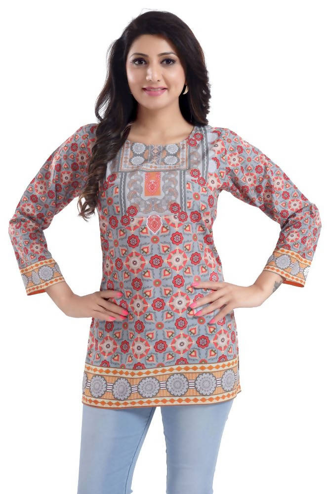 Snehal Creations Ash Gray Faux Crepe Short Kurti Tunic Top | Grocsy