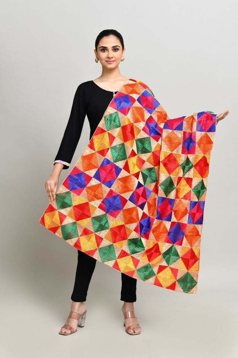 Joban Fashion Multi Color Cotton Embroidery Work Phulkari Dupatta | Grocsy