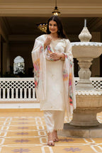 The52 White Women's Beautiful Viscose Chanderi Fabric Embroidered Work Straight Kurta Pant and Dupatta Set | Grocsy