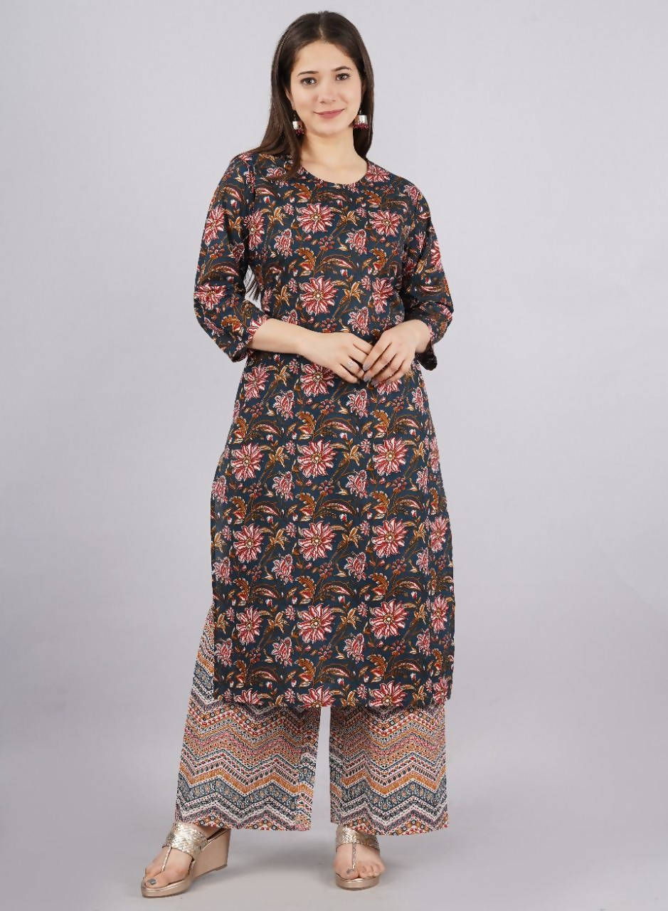 Vamika Printed Cotton Blue Party Wear/Casual Wear Kurta Set/Suit | Grocsy