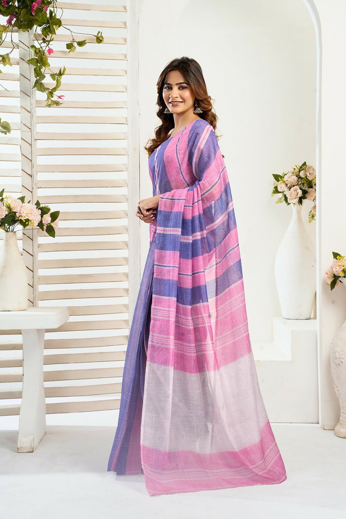 Vastranavya Pink Blue Digital Printed Linen Ready To Wear Designer Saree with Unstitched Blouse | Grocsy
