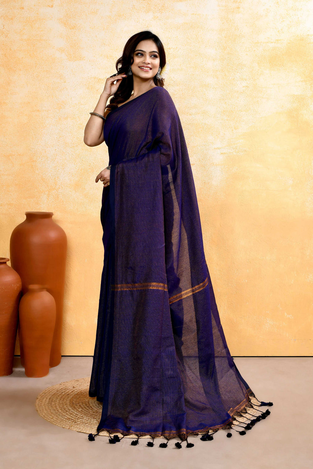 Piyari Fashion Women's Navy Blue Embellished Cotton Blend Zari Check Handloom Saree | Grocsy