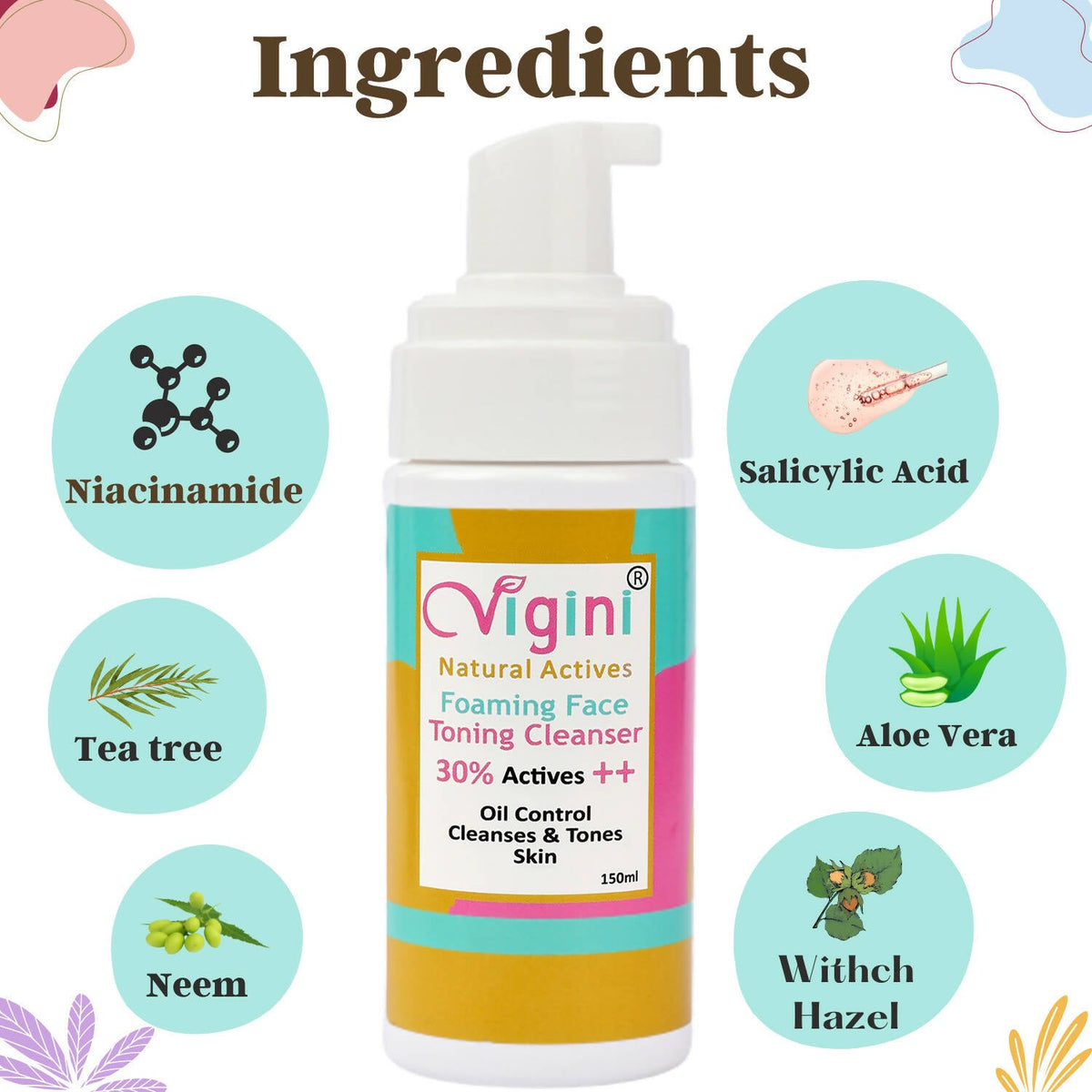 Vigini Natural Actives Foaming Face Toning Cleanser Face Wash for Men & Women | Grocsy