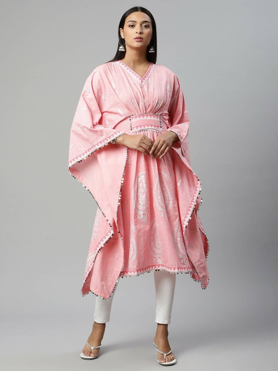 Ahalyaa Women Pink Pure Cotton Printed Kaftan Kurta | Grocsy