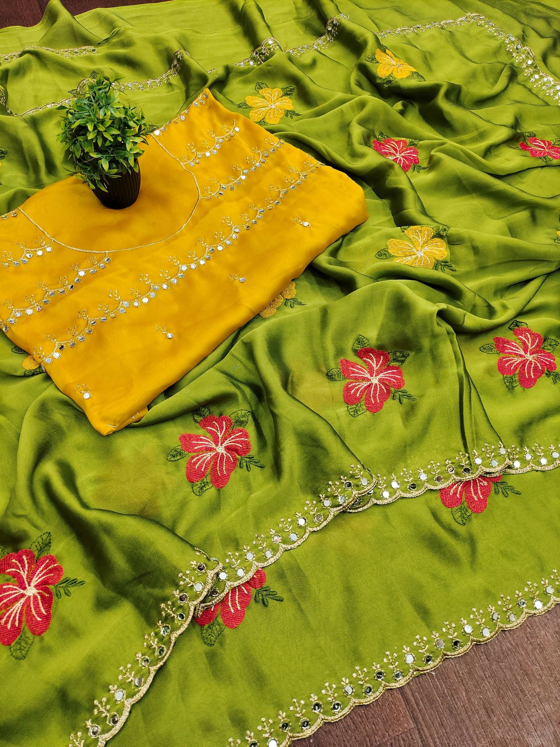 Teeya Creation Green Rangoli Silk Embroidery Work Party Wear Designer Saree | Grocsy