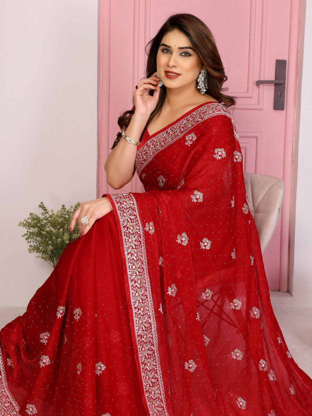 Teeya Creation New Womens Latest Party Wear Soft Chiffon Silk Saree-Red | Grocsy