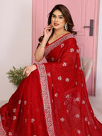 Teeya Creation New Womens Latest Party Wear Soft Chiffon Silk Saree-Red | Grocsy