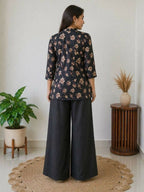 Teeya Creation Women Black & Beige Floral Printed Cotton Kurti with Black Wide-Leg Palazzo Set | Grocsy