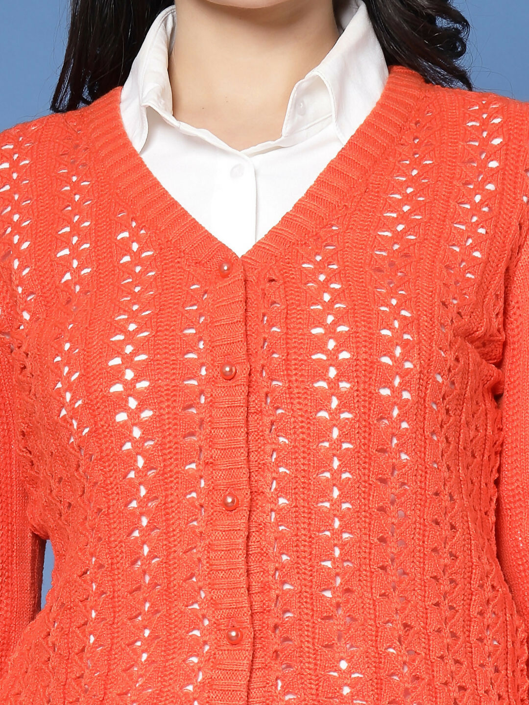 Women Pointelle Rust Acrylic Winter Cardigan - Wool Trees | Grocsy