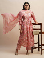 Pink Pure Cotton Floral Printed Naira Cut Kurta And Bottom With Dupatta - Akashara | Grocsy