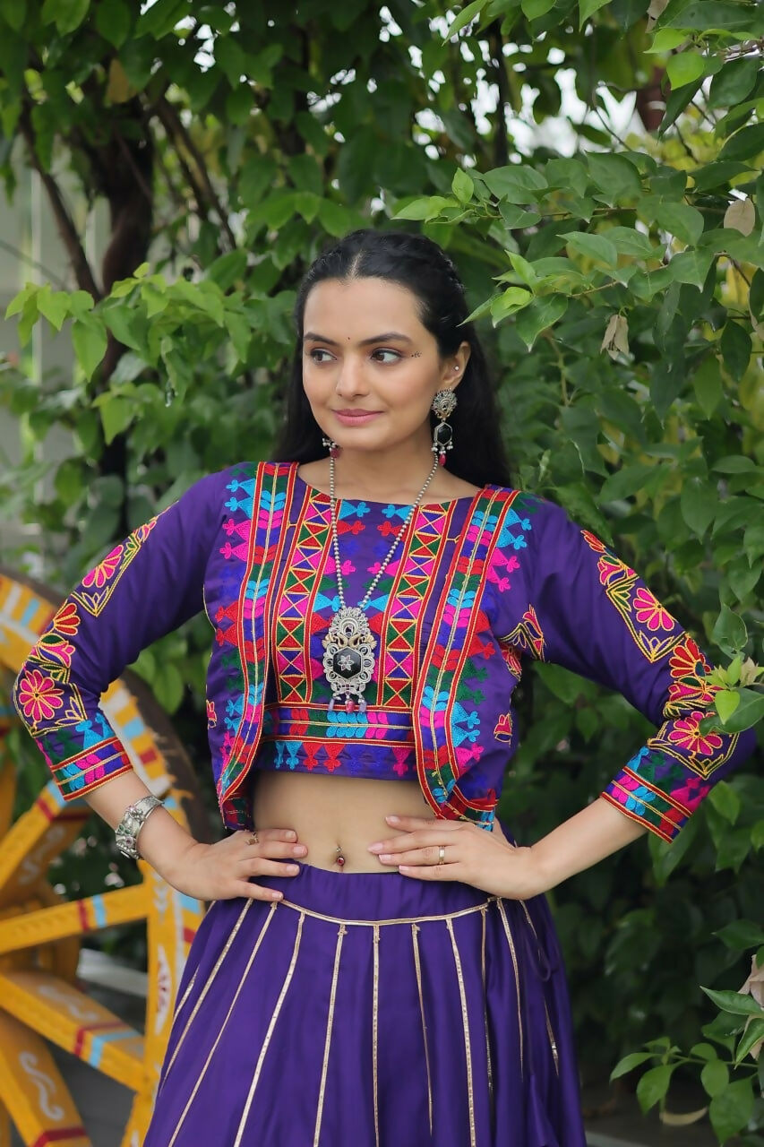 Teeya Creation Purple Colour Roman Silk With Gamathi Work Navratri Lehenga Choli | Grocsy