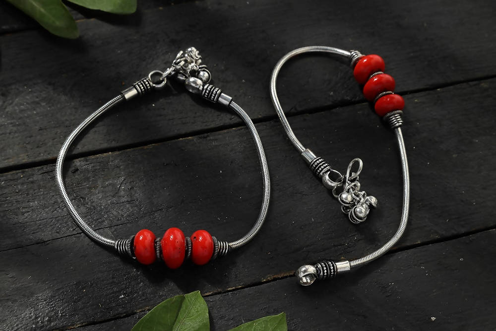 Mominos Fashion Kamal Johar Oxidised Silver With Red Beads Anklets | Grocsy