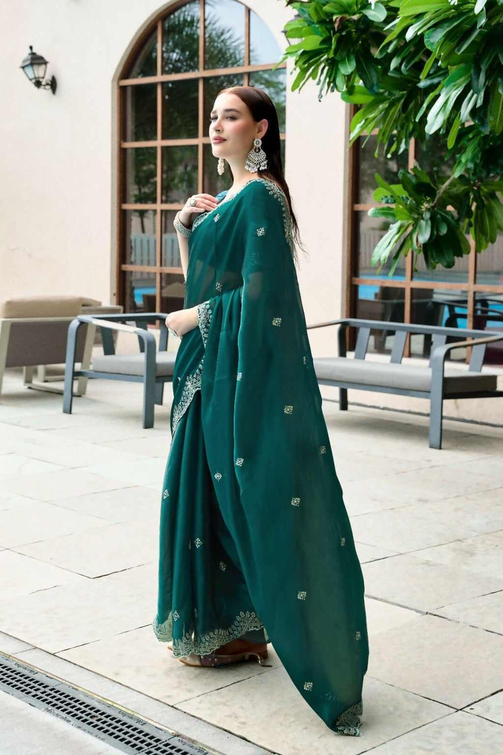 Vastranavya Rama Embroidery Work Shimmer Chiffon Saree with Unstitched Blouse | Grocsy
