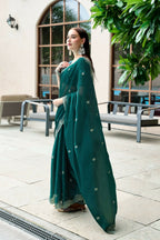 Vastranavya Rama Embroidery Work Shimmer Chiffon Saree with Unstitched Blouse | Grocsy