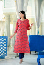 Yufta Women's Red Handblock Printed Kurta Set | Grocsy