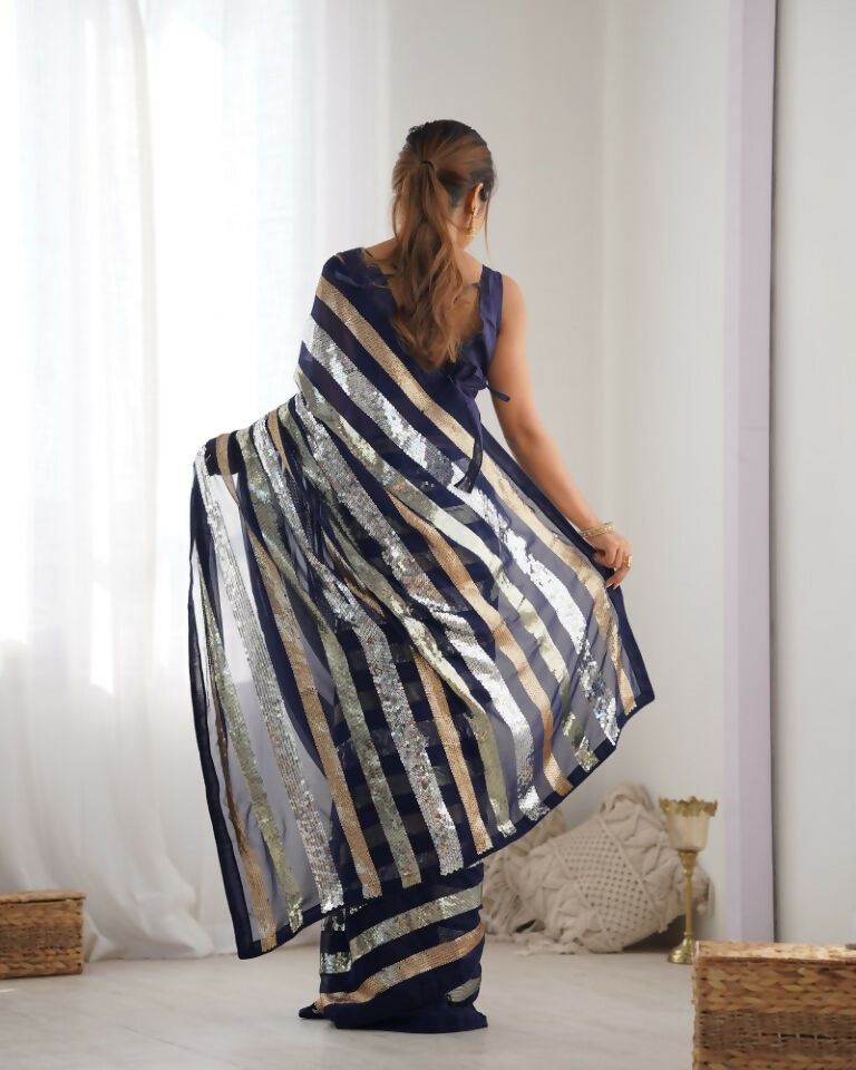 Blue Georgette Sequance Embroidery Work Border Saree - Sitare | Grocsy