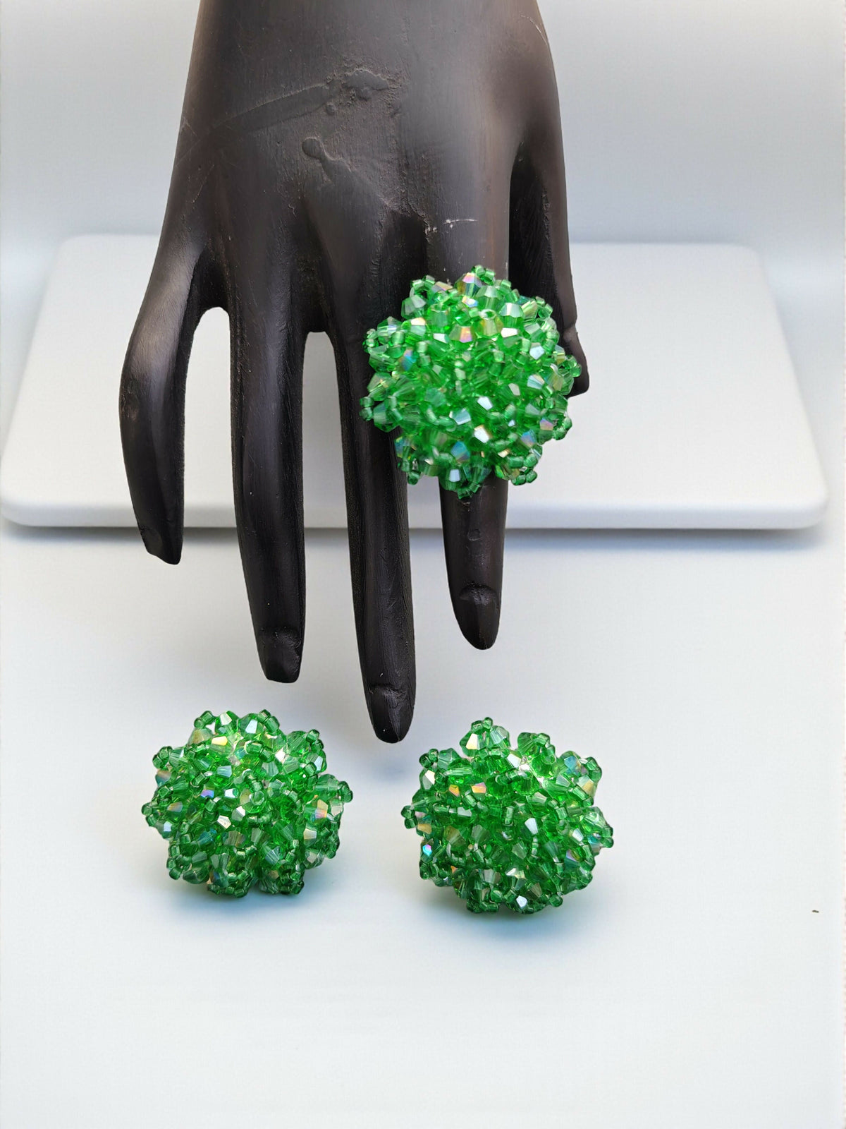 Inhanns Rangmani Crystal Duo – Adjustable Ring + Statement Earrings Set - Pista Green | Grocsy